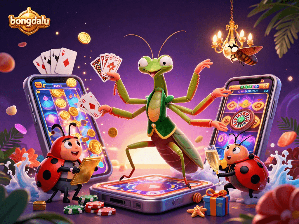 Engage with the thrilling world of bongdalu as cartoon characters deal cards and pour champagne amid vibrant casino elements.