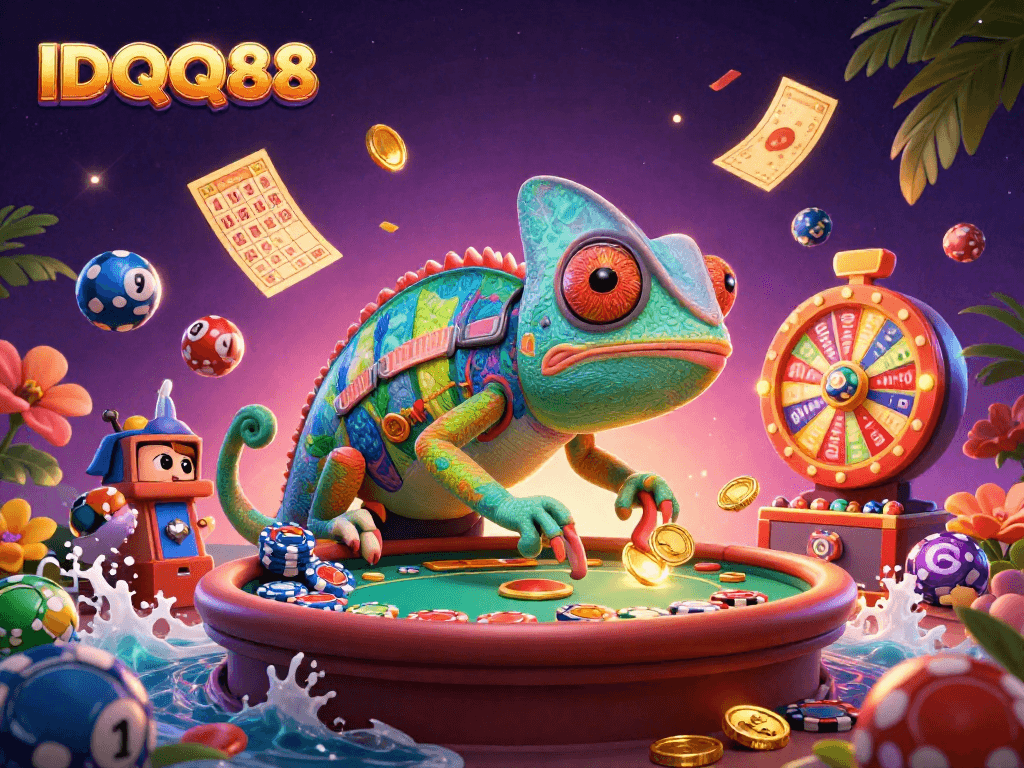 Experience the buzzing excitement of IDQQ88 as a colorful chameleon casino owner catches golden coins amidst dynamic lottery elements.