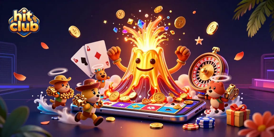 Engage in the exciting hit club with colorful slots and treasures erupting from a golden volcano illustration.