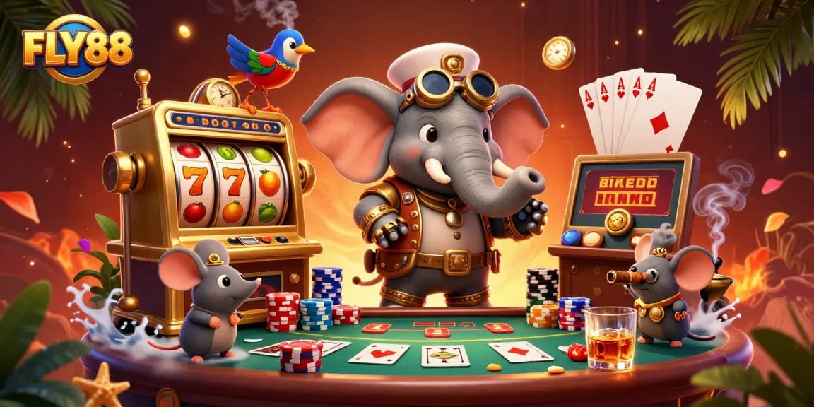 Experience the allure of FLY88 through a vibrant 3D casino scene featuring steampunk characters and gaming elements.