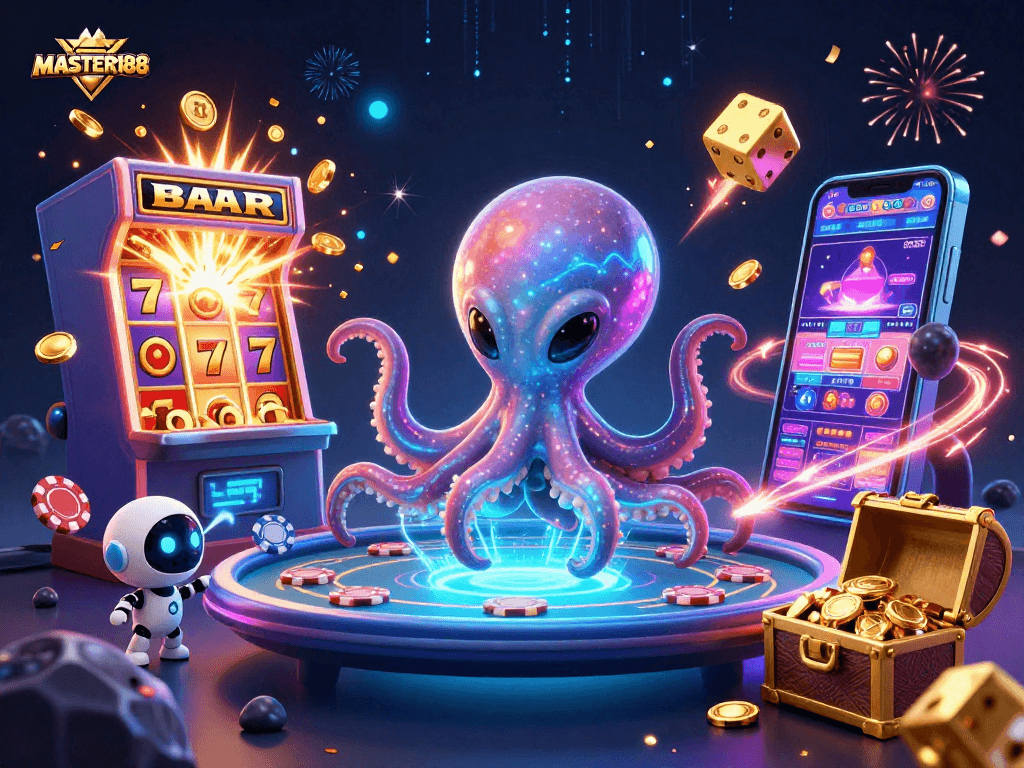 Engage in thrilling poker action with MASTER188, featuring a vibrant alien octopus and dynamic casino elements.