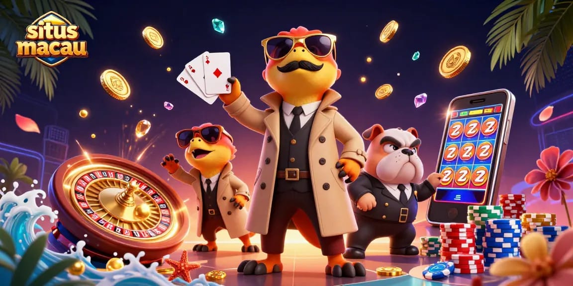 Experience thrilling games at situs macau with raptors in disguise entering a casino lounge.